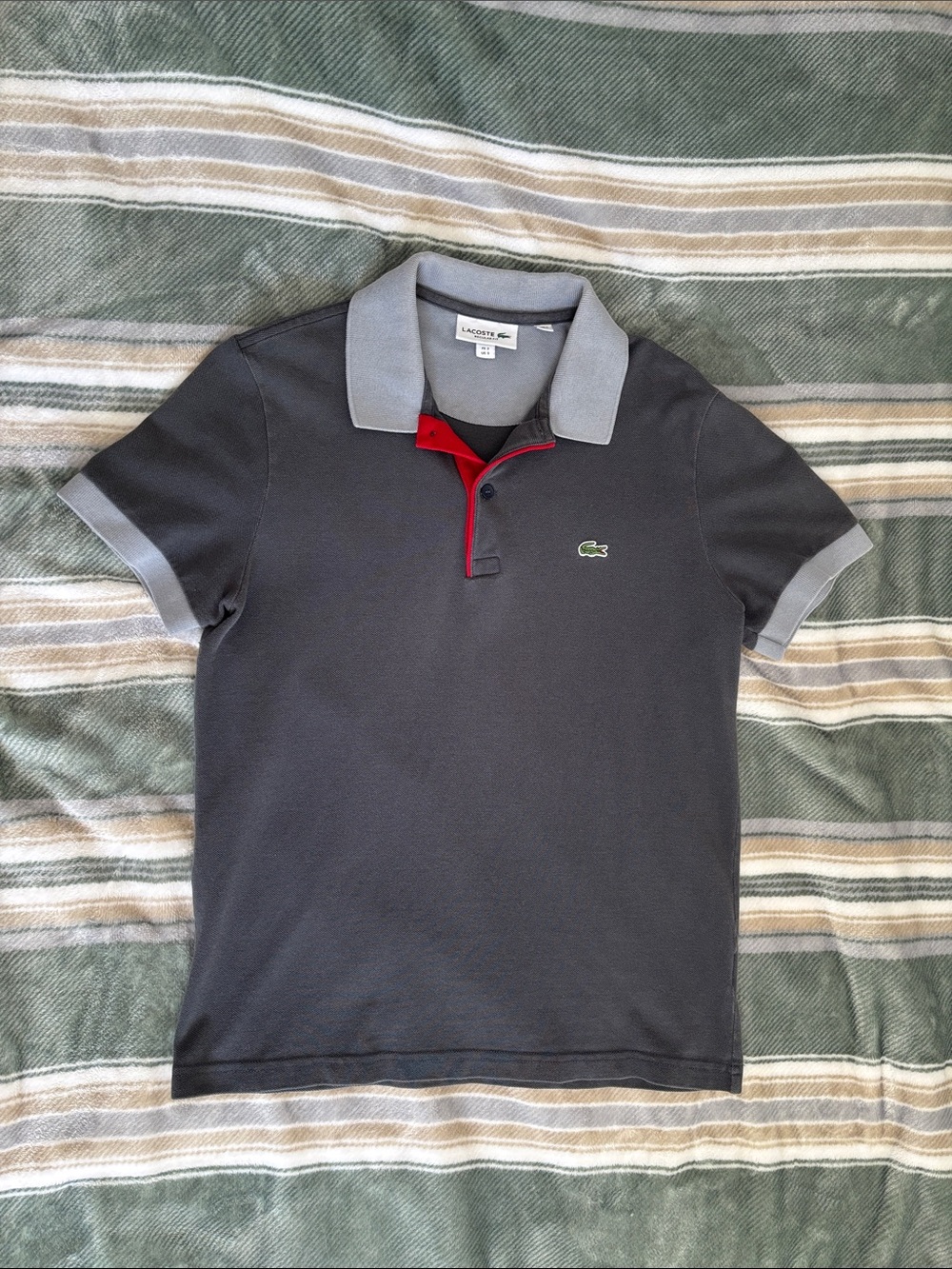 Lacoste Charcoal Polo with Light Grey Detailing and Red Placket
